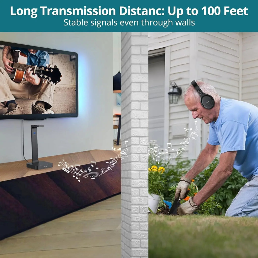 Wireless TV Headphones with 2.4GHz RF,Charging Dock,Rechargeable,Stereo, Digital Optical AUX,Long Range,No Delay,Compatible TVs.