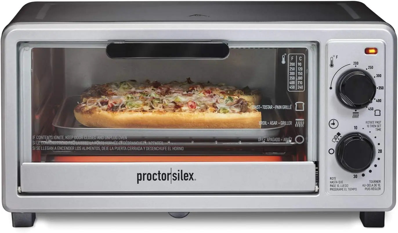 Proctor Silex 4 Slice Countertop Toaster Oven, Multi-Function with Bake, Toast and Broiler, 1100 Watts, 30 min timer and auto-sh