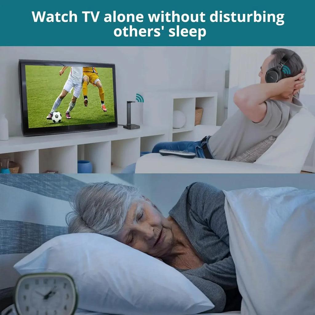 Wireless TV Headphones with 2.4GHz RF,Charging Dock,Rechargeable,Stereo, Digital Optical AUX,Long Range,No Delay,Compatible TVs.