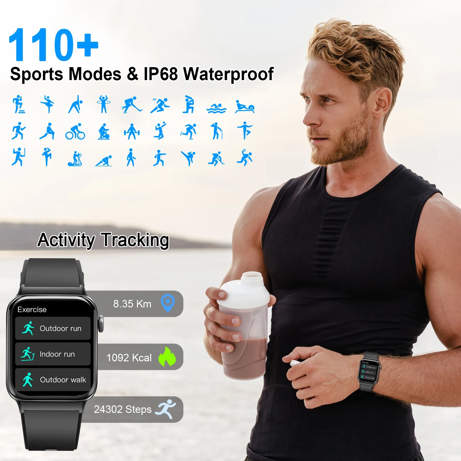 Smart Watch, 1.85" Smartwatch (Answer/Make Call), IP68 Waterproof Fitness Tracker, 100+ Sport Modes, Heart Rate and Sleep Monito