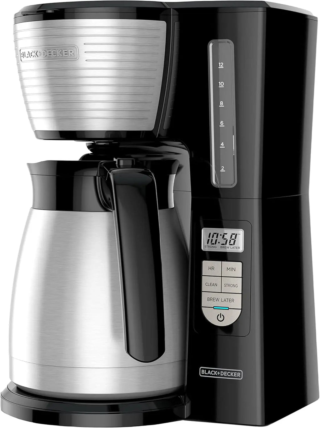 12-Cup Thermal Programmable Coffee maker, Brew Strength Selector, Auto-clean, Black and Silver