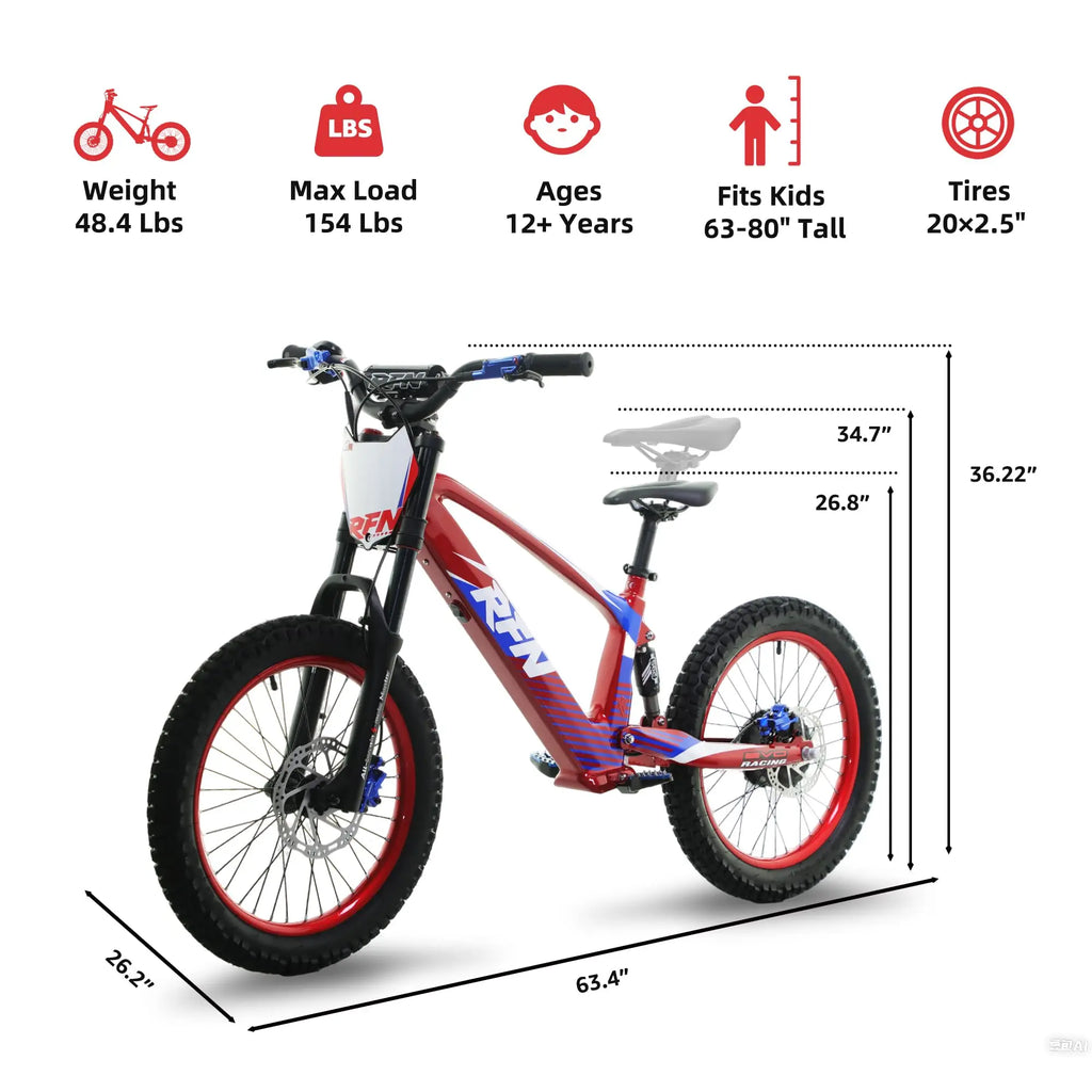 RFN Racing 20 Electric Dirt Bike For Kids-800W Jump Bike With Lightweight Aluminum Frame 24.2-Mile Range for Ages 12+
