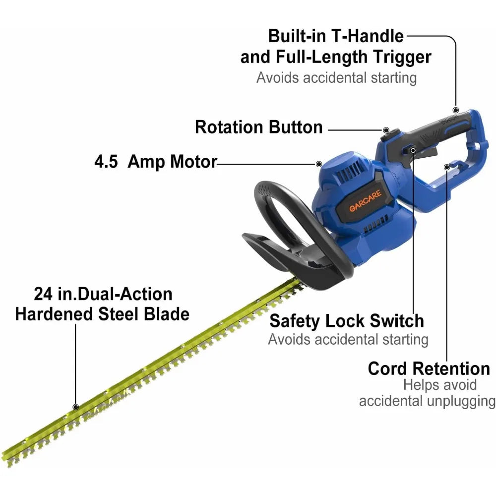 Electric Hedge Trimmer Corded - 4.5 Amp, 24-Inch Dual-Action Blades, Rotary Handle, Safety Switches for Hedges, Shrubs, and Bra