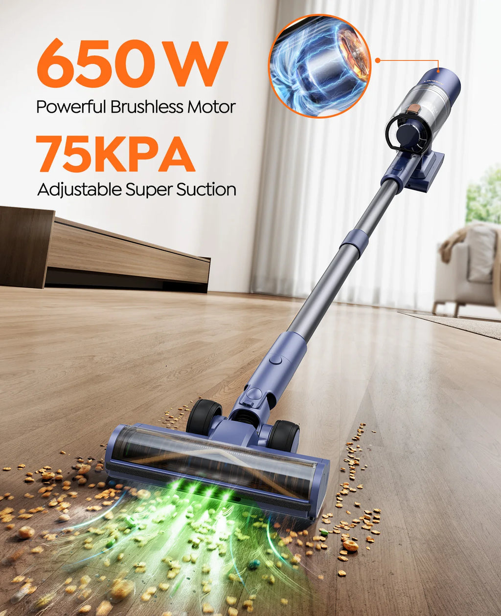 Laresar V11 650W 75000PA Ultra-Strong Cordless Vacuum Cleaner,90 Min Long Runtime,Removable Battery & Smart Display Vacuum