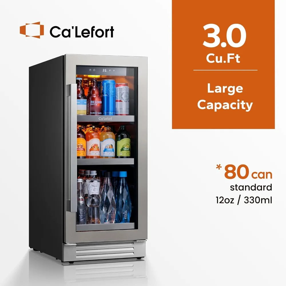 Ca'Lefort 15 Inch Beverage Refrigerator Cooler - 80 Can Mini Fridge with Glass Door for Soda Beer or Wine, 3 LED Compressor Frid
