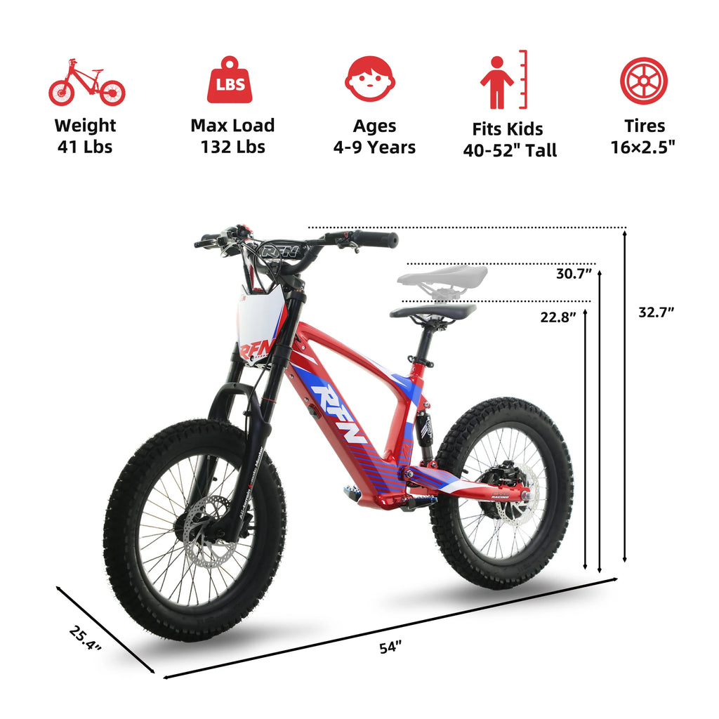 RFN Racing Electric Dirt Bike For Kids - Lightweight Aluminum Frame Electric Bike-15.5 mph Speed, 13.7-Mile Range for Ages 4-8