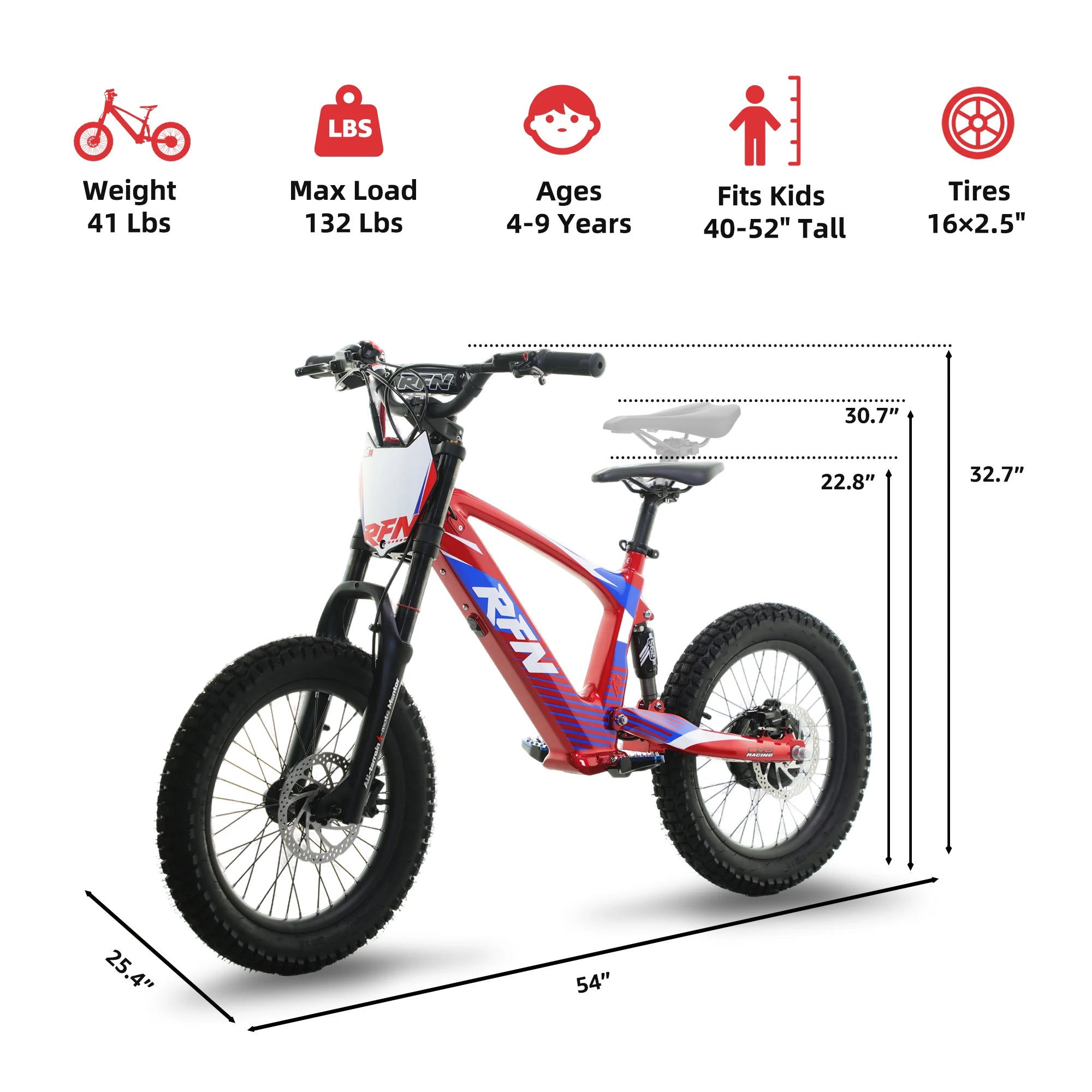 RFN Racing Electric Dirt Bike For Kids - Lightweight Aluminum Frame Electric Bike-15.5 mph Speed, 13.7-Mile Range for Ages 4-8