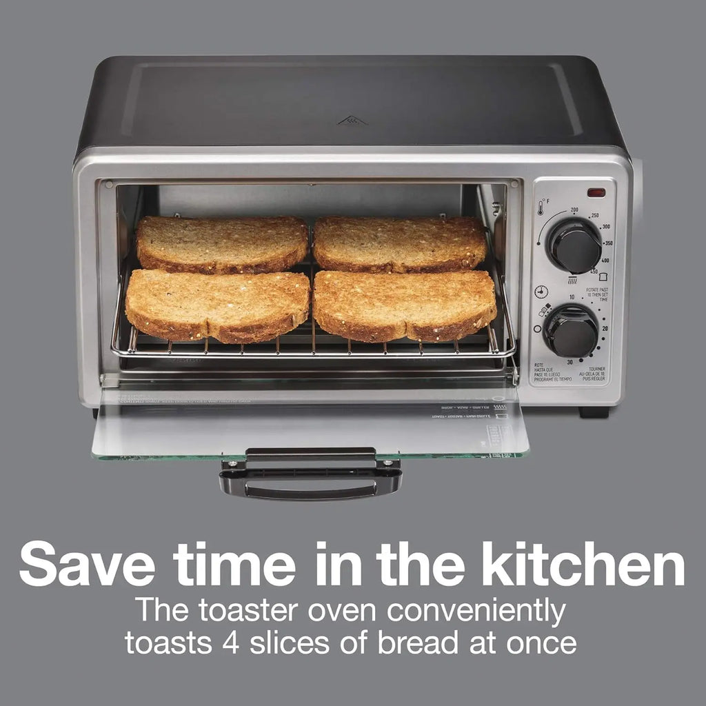Proctor Silex 4 Slice Countertop Toaster Oven, Multi-Function with Bake, Toast and Broiler, 1100 Watts, 30 min timer and auto-sh