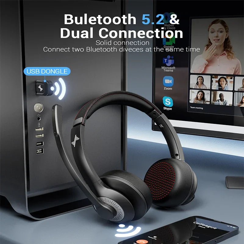 JIAMQISHI EH02U Wireless Bluetooth Headset ANC MIC for Work Computer Headphones USB Dongle Mute Mic for MacBook Headset Phone