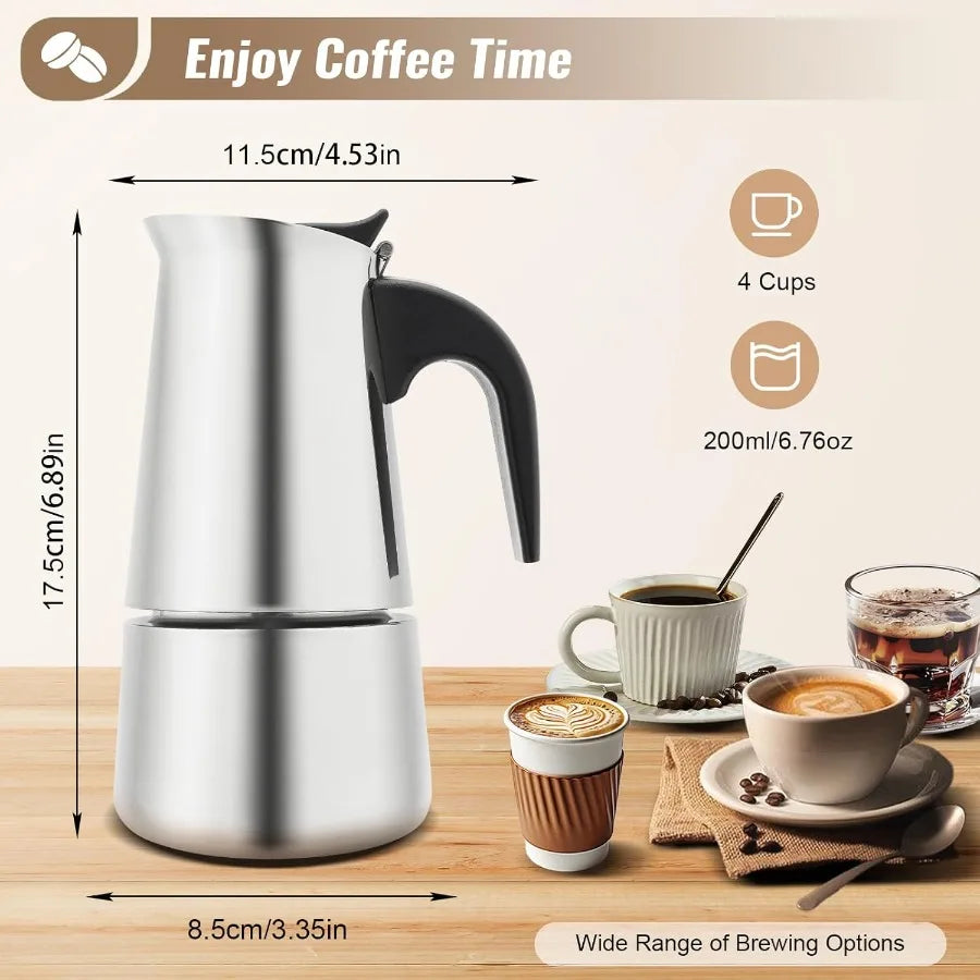 Stovetop Coffee Maker 4 Cup Stainless Steel Moka Pot Espresso Maker for Home Bar Office 500W Stovetop Espresso Machine with Ele