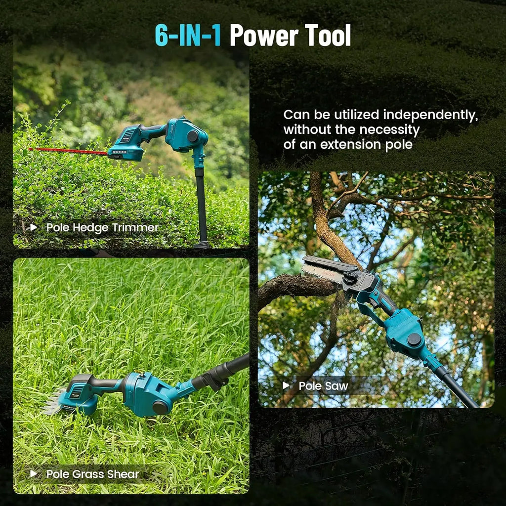 Seesii 6-in-1 Cordless Pole Saw Hedge Trimmer Grass Shears Combo Kit 6'' Electric Mini Chainsaw 2.5m Extension Tree Pruner