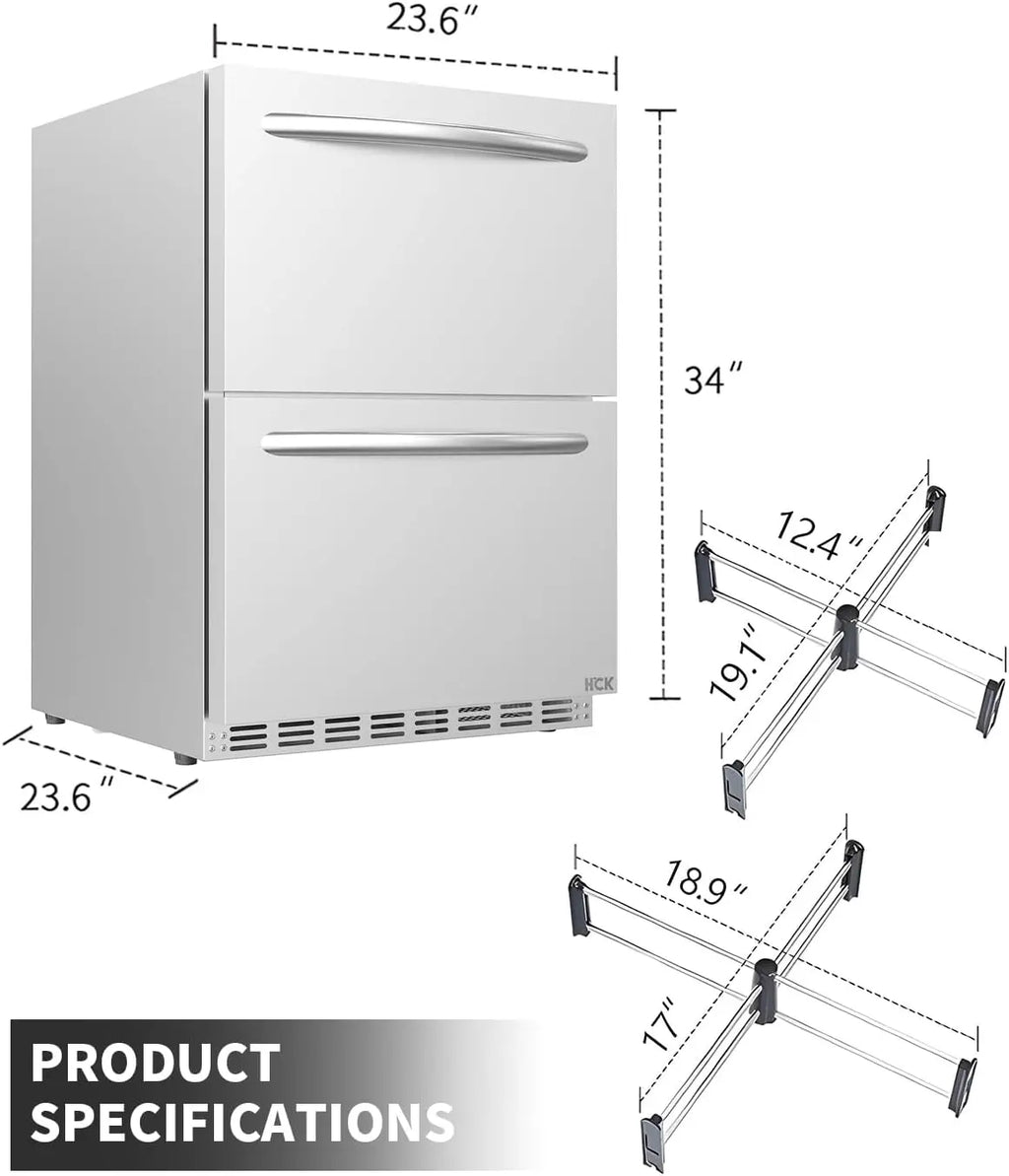 HCK 24 Inch Under Counter Refrigerator, Outdoor Refrigerator with Double Drawer for Patio & Kitchen, Weatherproof Outdoor Fridge