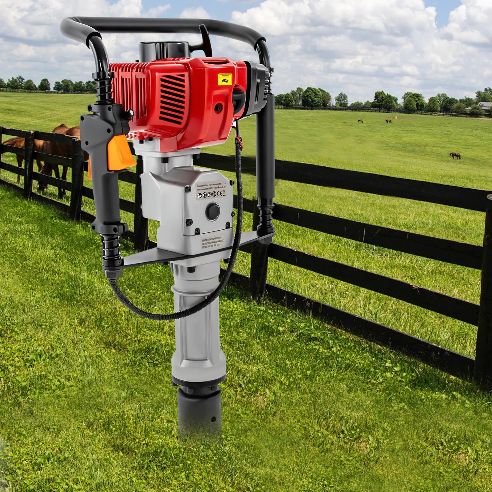 1900W Gasoline Pile Driver 52cc 2 Stroke Engine Post Driver Air Cooling Single-cylinder Petrol Garden Fencing Push Pile Tool