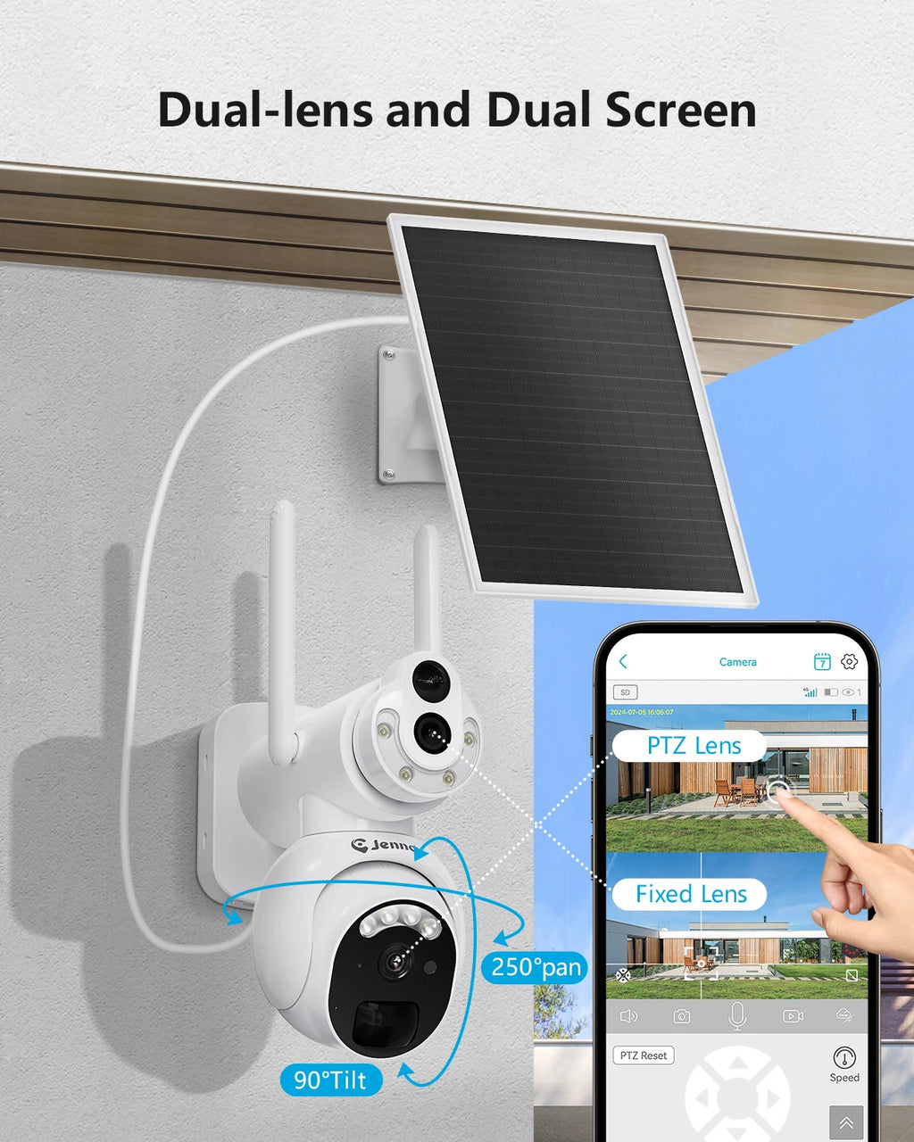 Jennov No WiFi Security Camera Wireless Outdoor, Dual Lens Linkage 4G Cellular Security Camera with Solar Panel,300MB SIM Card