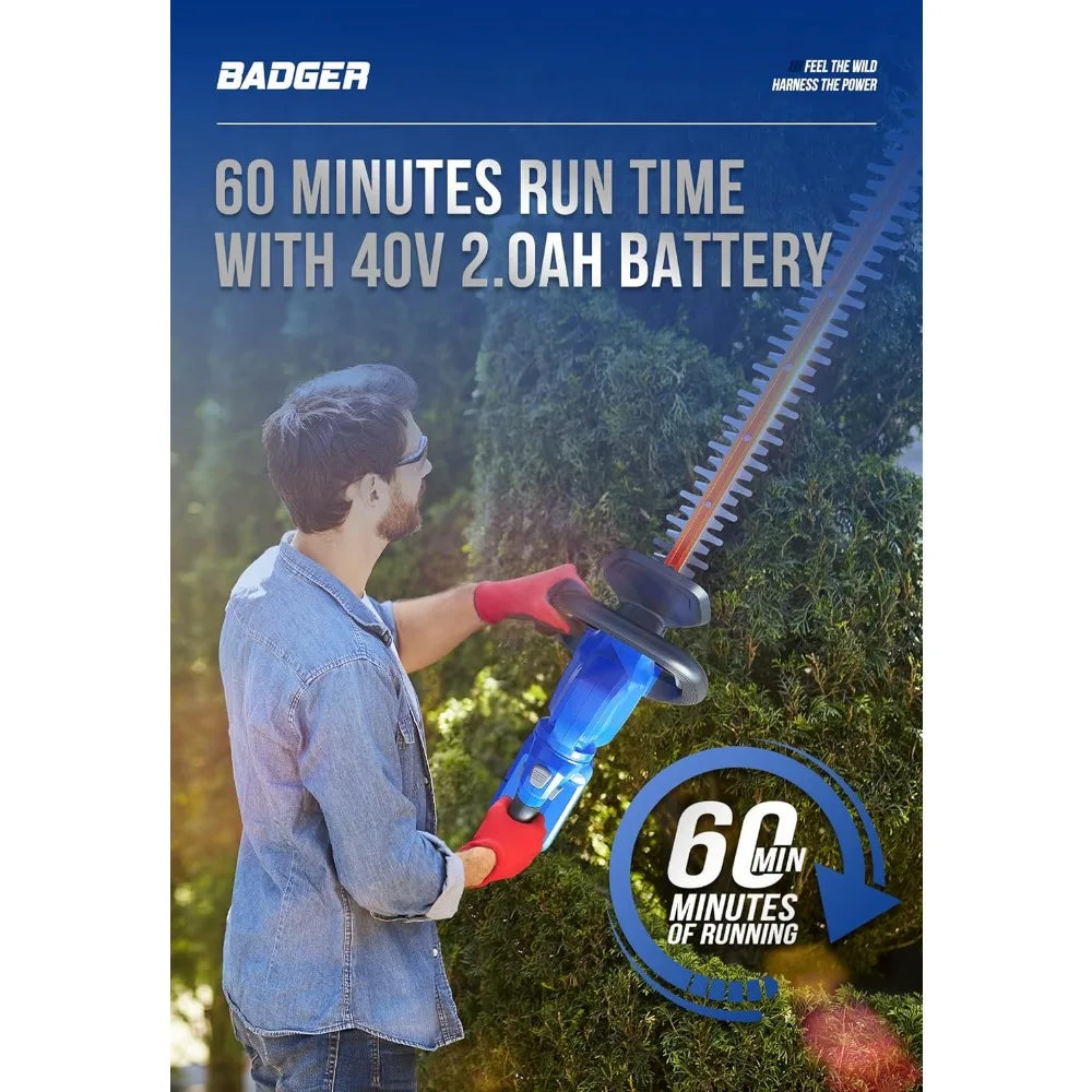 WILD BADGER POWER Hedge Trimmer 40V 24” Cordless, Powerful Electric Hedge Trimmer, 2.0Ah Battery and Charger Included