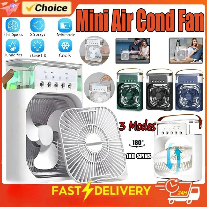 Portable Humidifier Fan Air Conditioners USB Electric Fan LED Night Light Water Mist Fun 3 In 1 Air Cooler Humidifie For Home