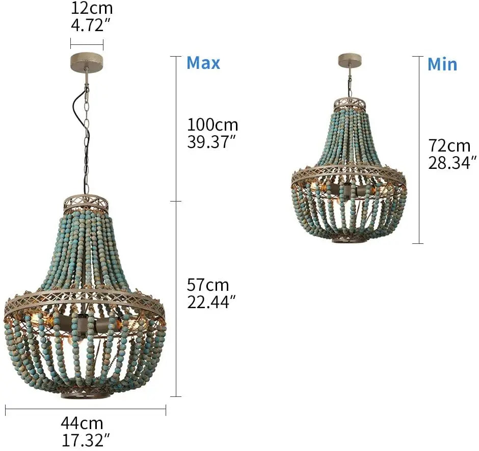 Modern Loft Retro Chandelier E27 Blue Wooden Bead Chandelier Boho Style Decor Light Living Room Bedroom Hotel Kitchen Lamp