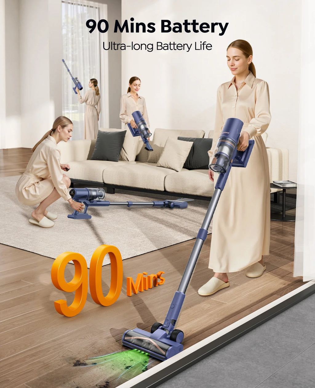 Laresar V11 650W 75000PA Ultra-Strong Cordless Vacuum Cleaner,90 Min Long Runtime,Removable Battery & Smart Display Vacuum
