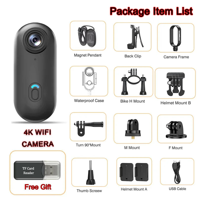 Pocket 4K Mini Camera  Magnetic Wearable Cam with Waterproof Shell WiFi Bike Camera Friendly for Casual Cycling Vlog Home Use