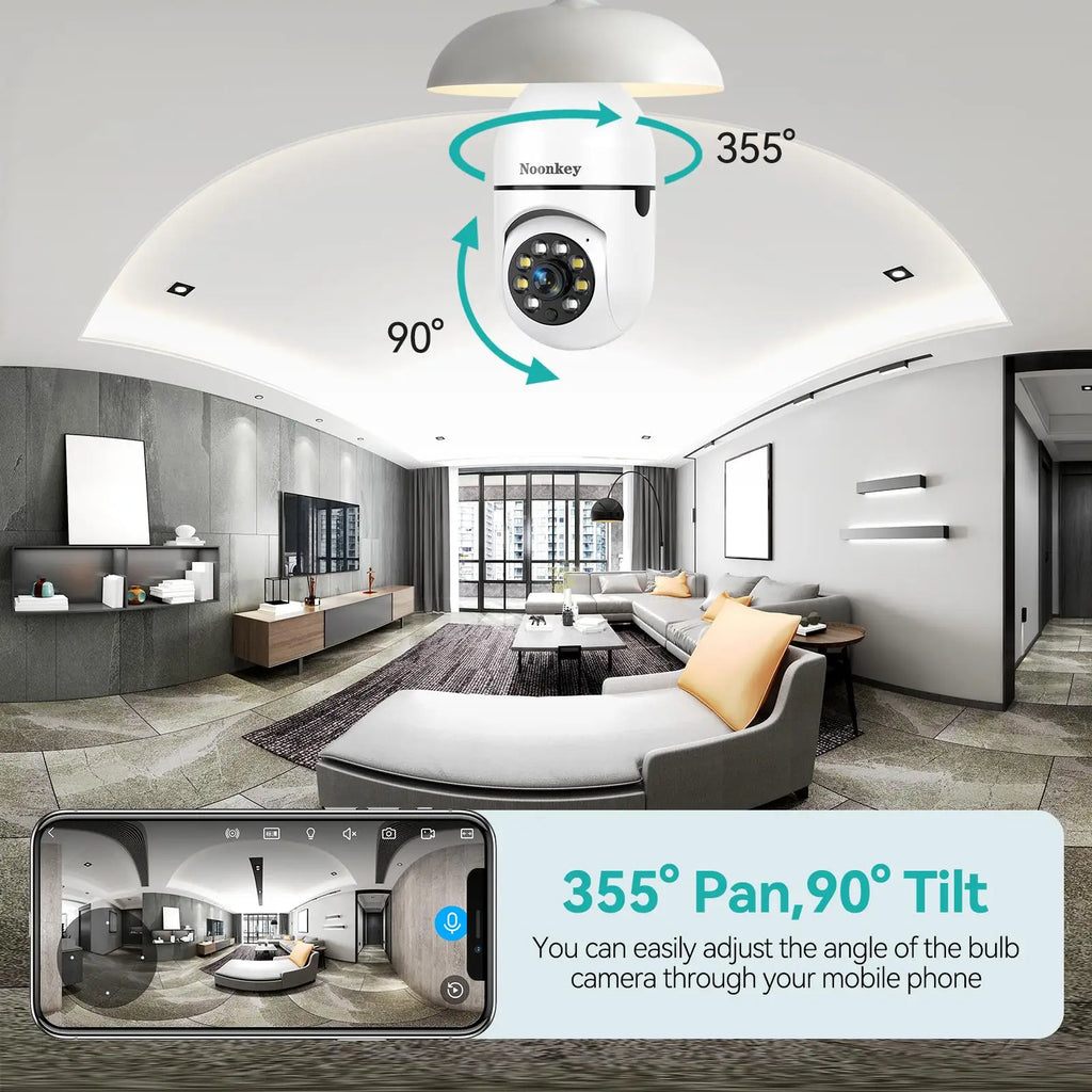 2K Light Bulb Security Camera, 2.4g Wi-Fi, Motion/Sound/Light Alarm, 2-Way Audio, Alexa, Easy Install, Indoor/Outdoor