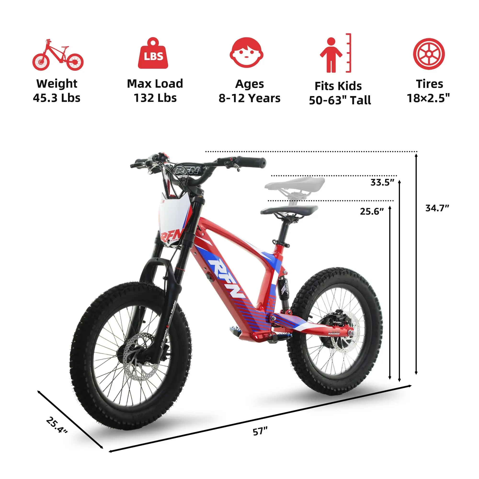 RFN Racing 18 Electric Dirt Bike For Kids - 36V 3-Speed Stunt Jump Bike - Lightweight Aluminum Frame Electric Bike For Age 14+