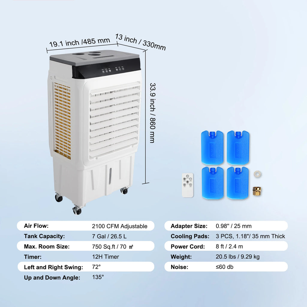 SucceBuy Evaporative Air Cooler Oscillating Swamp Cooler with Adjustable 3 Speeds and 12 H Timer Portable for Indoor Outdoor Use