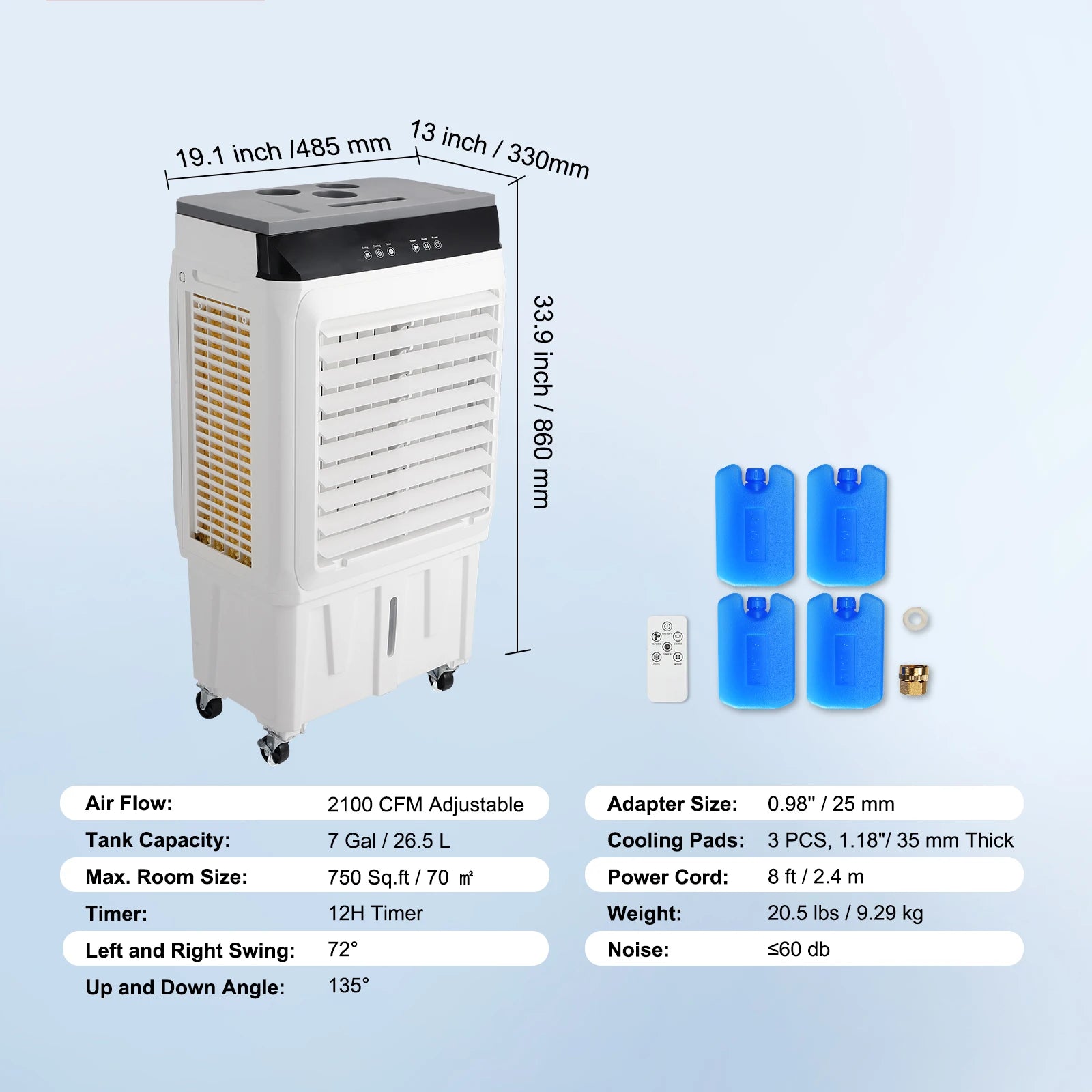 SucceBuy Evaporative Air Cooler Oscillating Swamp Cooler with Adjustable 3 Speeds and 12 H Timer Portable for Indoor Outdoor Use