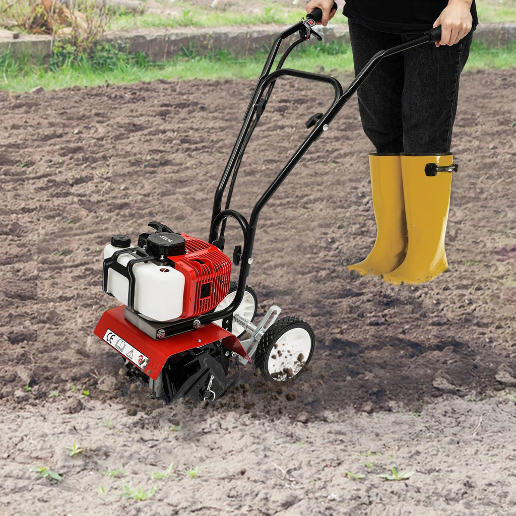 Powerful Mini Tiller Cultivator, Two Stroke Engine Loosener with Wheels for Farms, Greenhouse Gardens, Loose Land