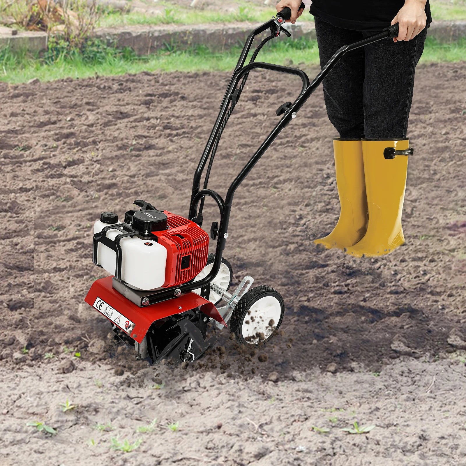 Powerful Mini Tiller Cultivator, Two Stroke Engine Loosener with Wheels for Farms, Greenhouse Gardens, Loose Land