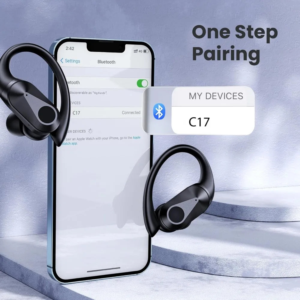 Wireless Earbuds - 90Hrs Playtime, IPX7 Waterproof, Bluetooth Earphones w/ Charging Case & Over-Ear Hooks for Sports