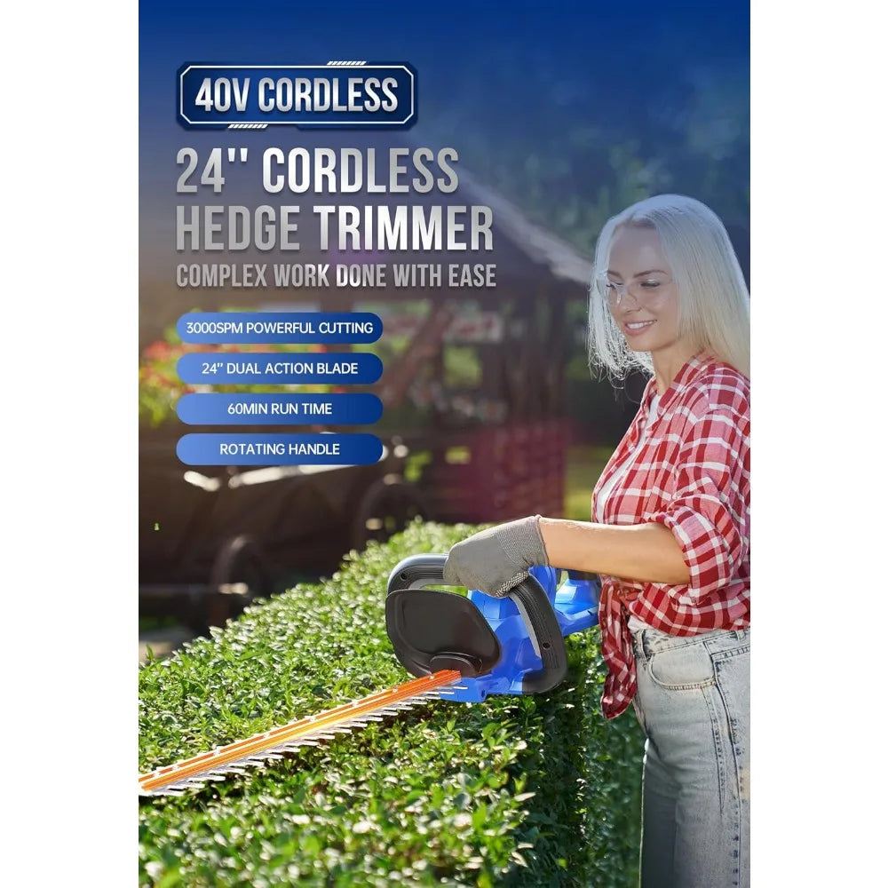 WILD BADGER POWER Hedge Trimmer 40V 24” Cordless, Powerful Electric Hedge Trimmer, 2.0Ah Battery and Charger Included