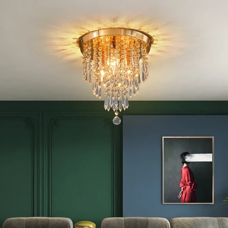 Golden Ceiling Light Hanging Crystal Ceiling Lamp for Home Decor Surface Mounted Bulb Replacable Indoor Lighting Fixture