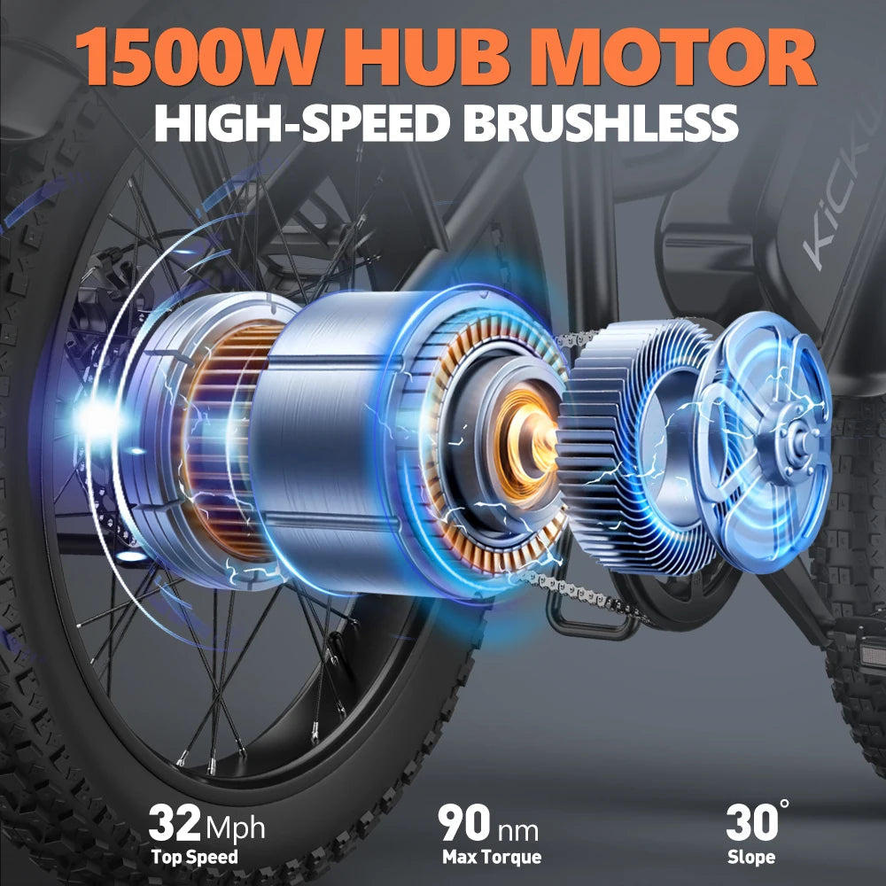 Kickwey LD20 Adult Electric Bike 1500w 32MPH 48V20ah Mountain Electric Bicycle 20 Inch Fat Tire Motorcycle E Bike