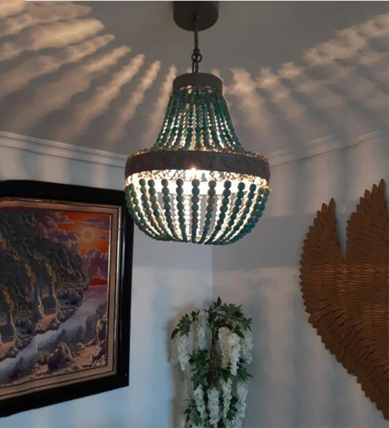 Modern Loft Retro Chandelier E27 Blue Wooden Bead Chandelier Boho Style Decor Light Living Room Bedroom Hotel Kitchen Lamp