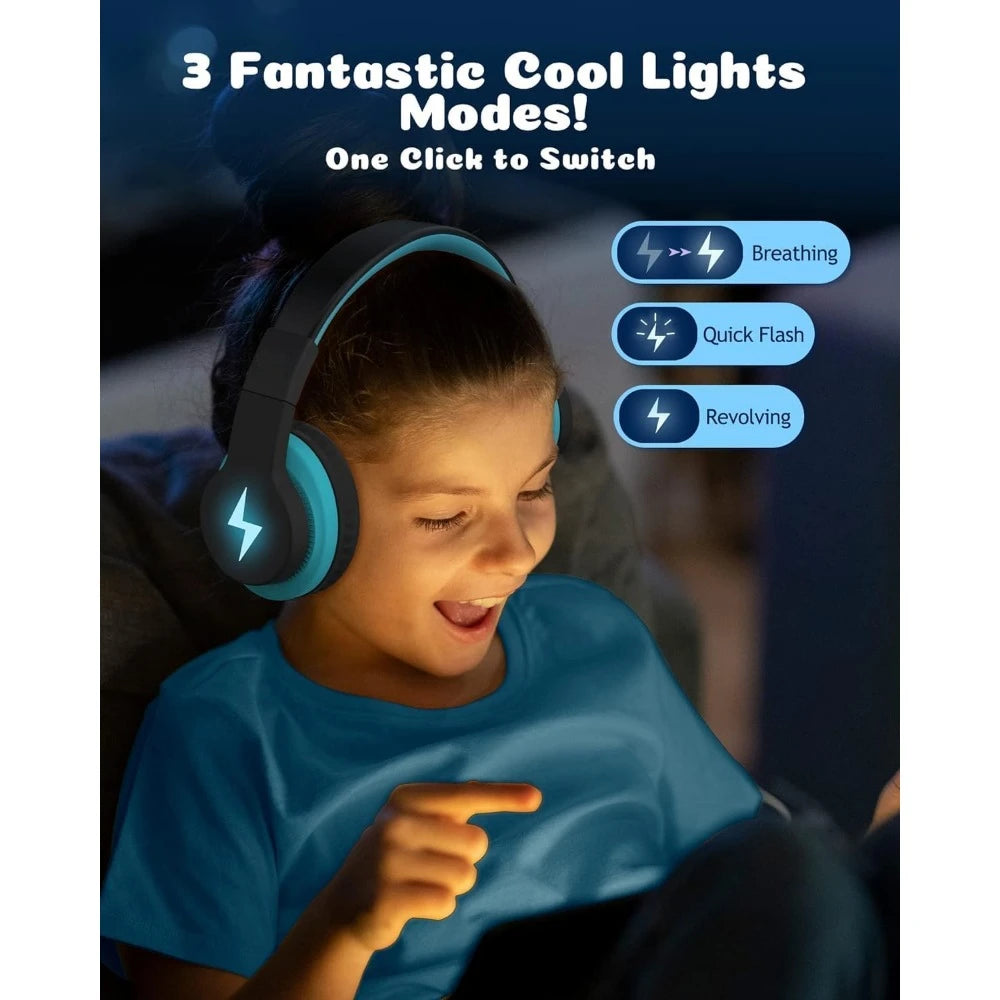 Kids Bluetooth Headphones, 85dB Volume Limit, 45H Playtime, RGB Lights, Mic, AUX