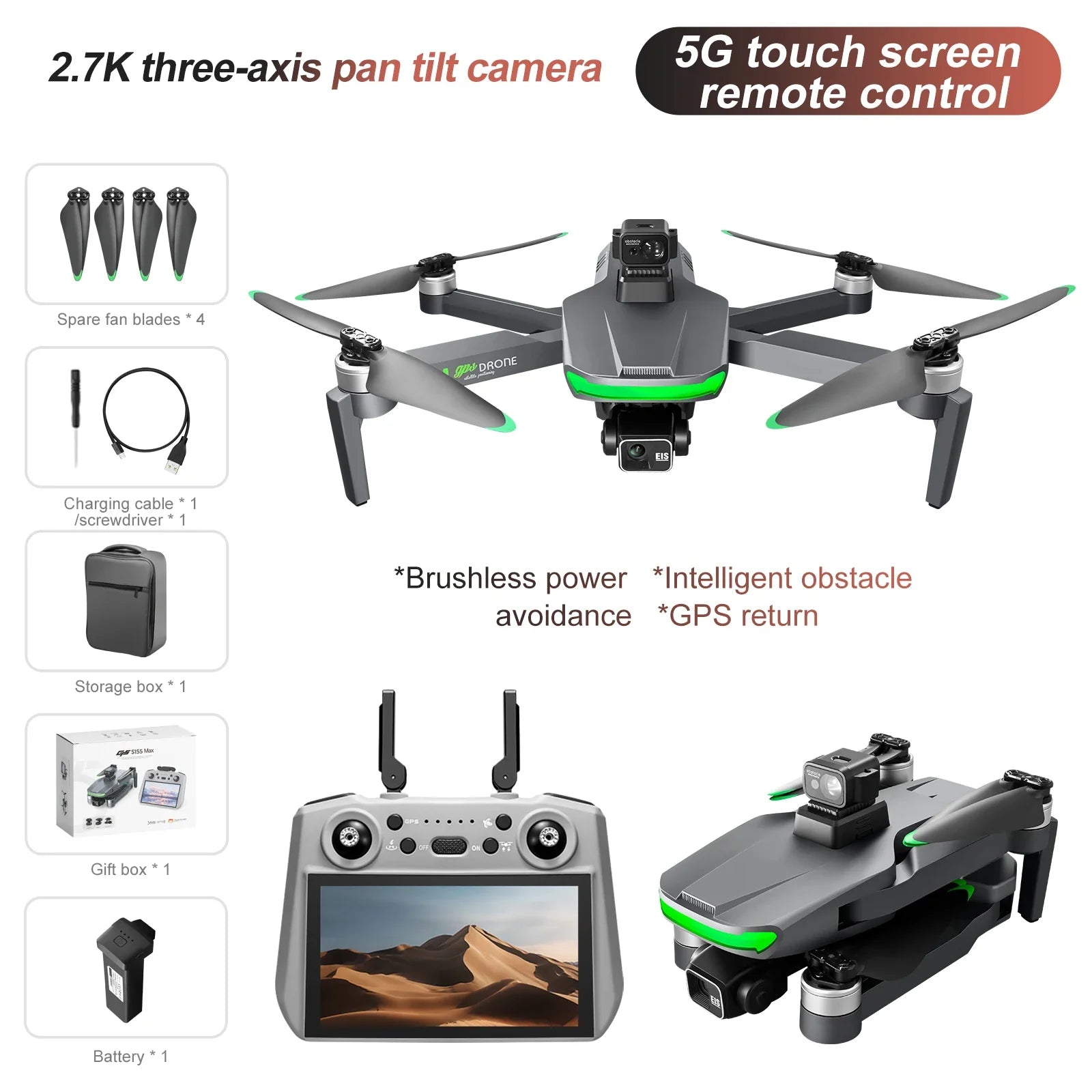 2025 New S155 Drone With 8K Camera 360° Laser Obstacle Avoidance 3-axis PTZ Camera 5G GPS WiFI FPV 4-axis Aircraft RC Drone Toy