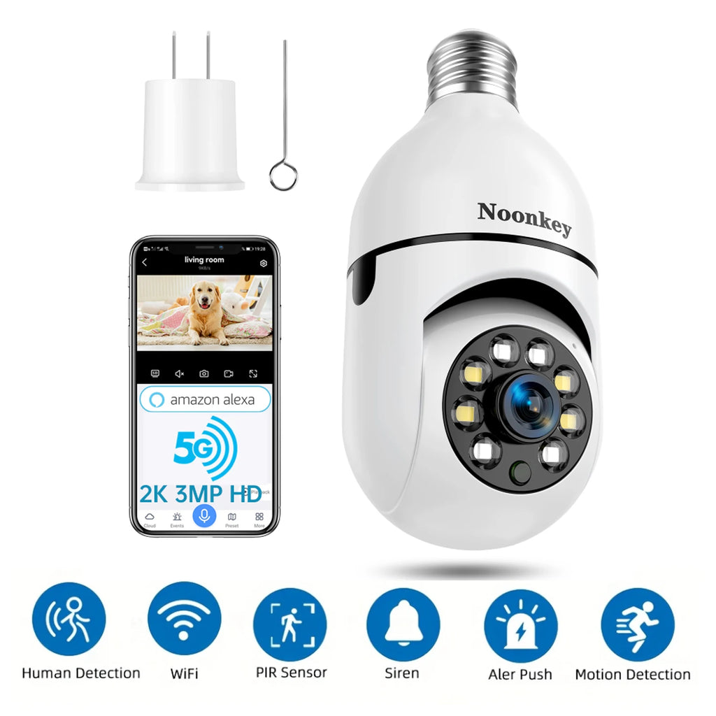 2K Light Bulb Security Camera, 2.4g Wi-Fi, Motion/Sound/Light Alarm, 2-Way Audio, Alexa, Easy Install, Indoor/Outdoor