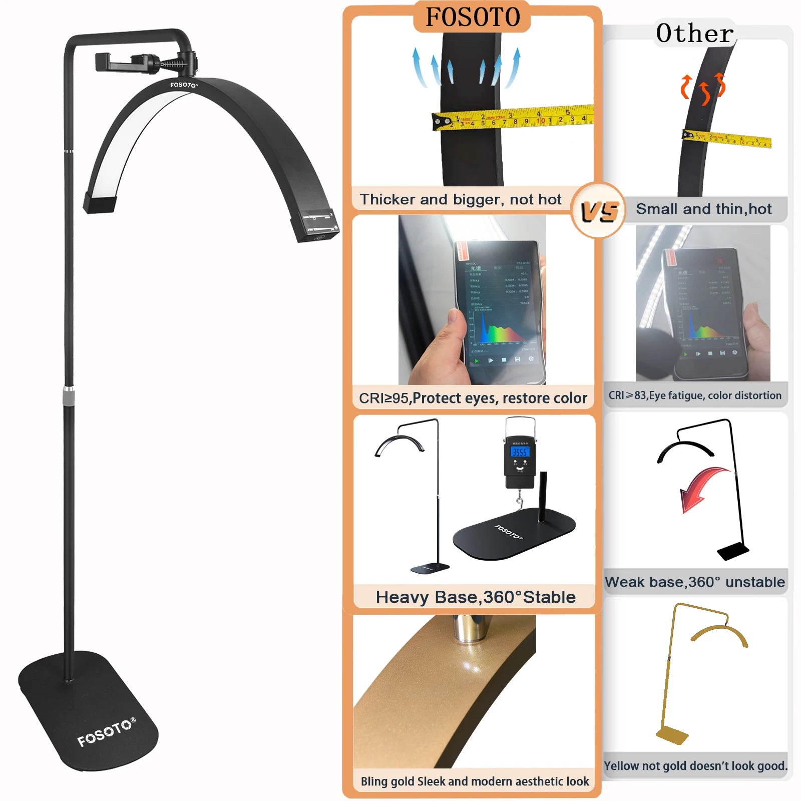 FOSOTO FT-Y9II Arch Led Lash Light Ring Light Half Moon LED Lamp Stream Floor Video Lamp for Beauty Salon Makeup Live Streaming