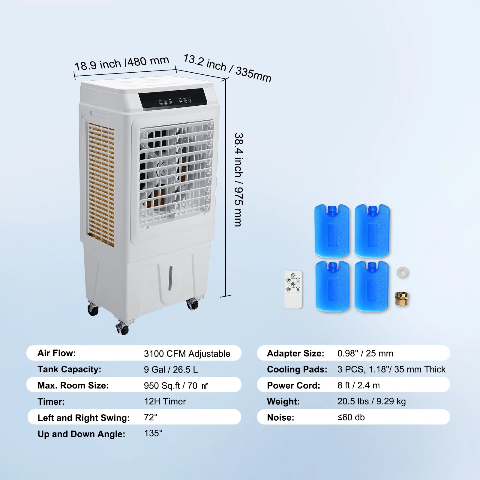 SucceBuy Evaporative Air Cooler Oscillating Swamp Cooler with Adjustable 3 Speeds and 12 H Timer Portable for Indoor Outdoor Use
