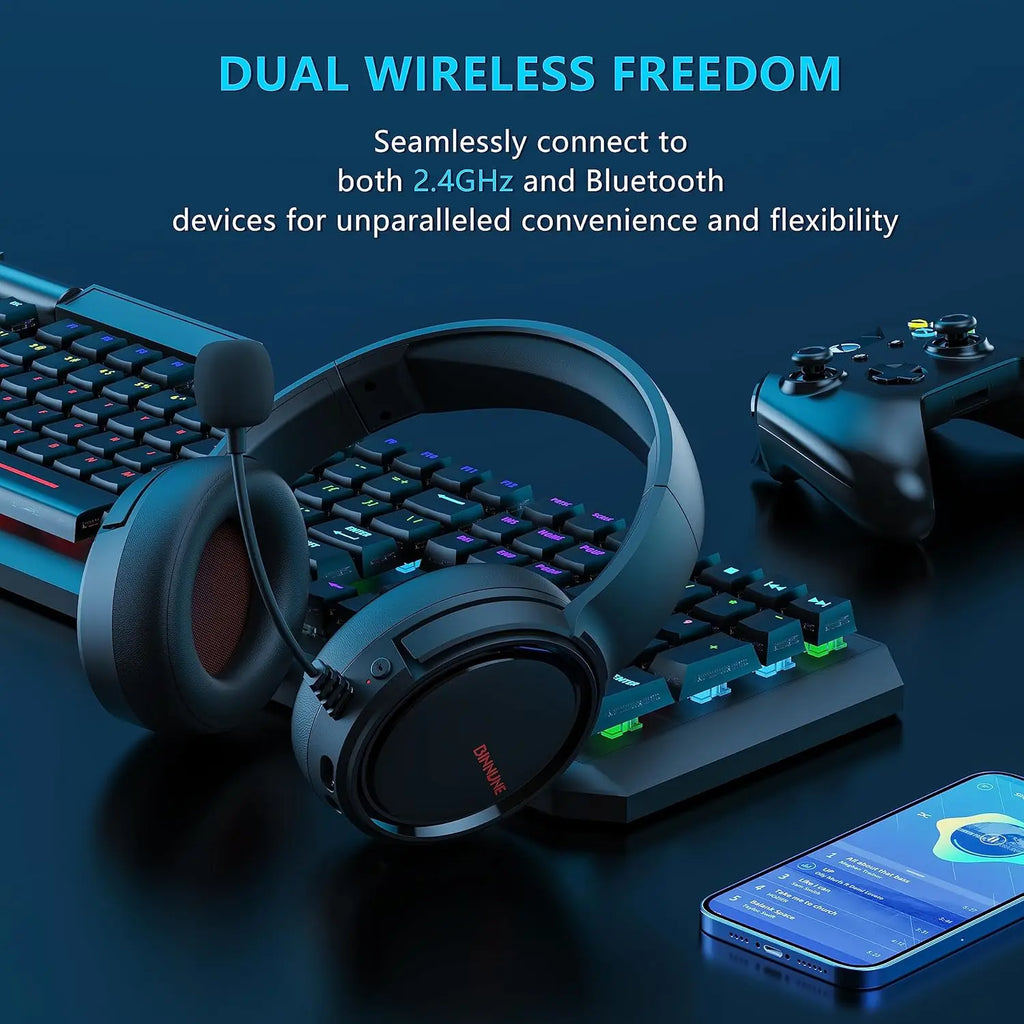 BINNUNE 2.4G Wireless Gaming Headset for PS5 PS4 PC NS Bluetooth USB Gamer Headphones with Noise Canceling Mic Work Earpones