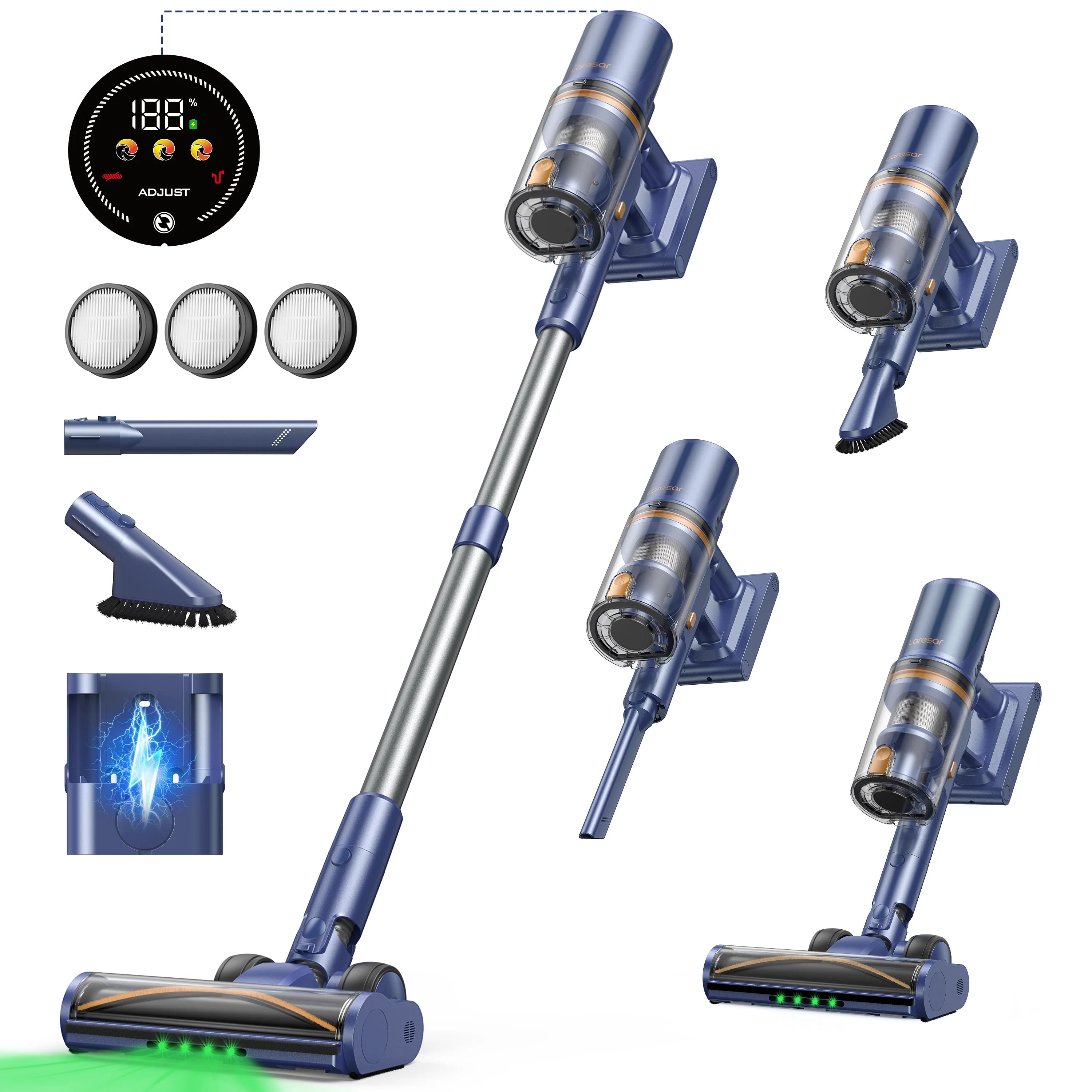 Laresar V11 650W 75000PA Ultra-Strong Cordless Vacuum Cleaner,90 Min Long Runtime,Removable Battery & Smart Display Vacuum