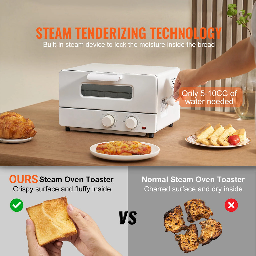 SucceBuy 5-IN-1 Steam Oven Toaster 12L Convection Oven Steam Toaster Oven Countertop Combo with Grill Pizza Pan Gloves White