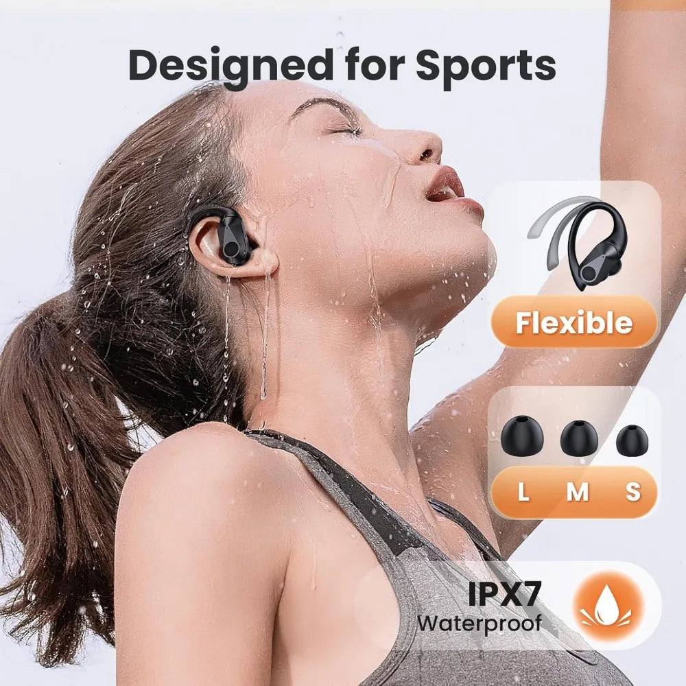 Wireless Earbuds - 90Hrs Playtime, IPX7 Waterproof, Bluetooth Earphones w/ Charging Case & Over-Ear Hooks for Sports
