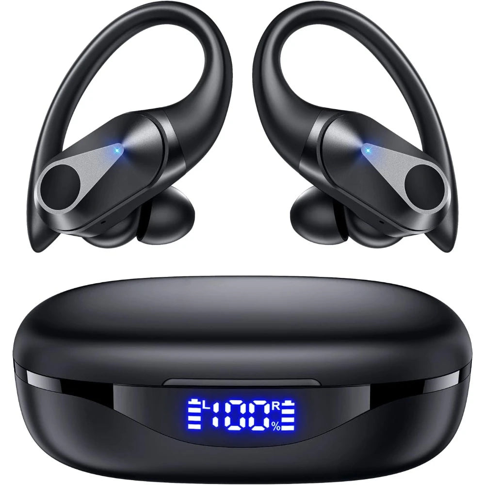 Wireless Earbuds - 90Hrs Playtime, IPX7 Waterproof, Bluetooth Earphones w/ Charging Case & Over-Ear Hooks for Sports