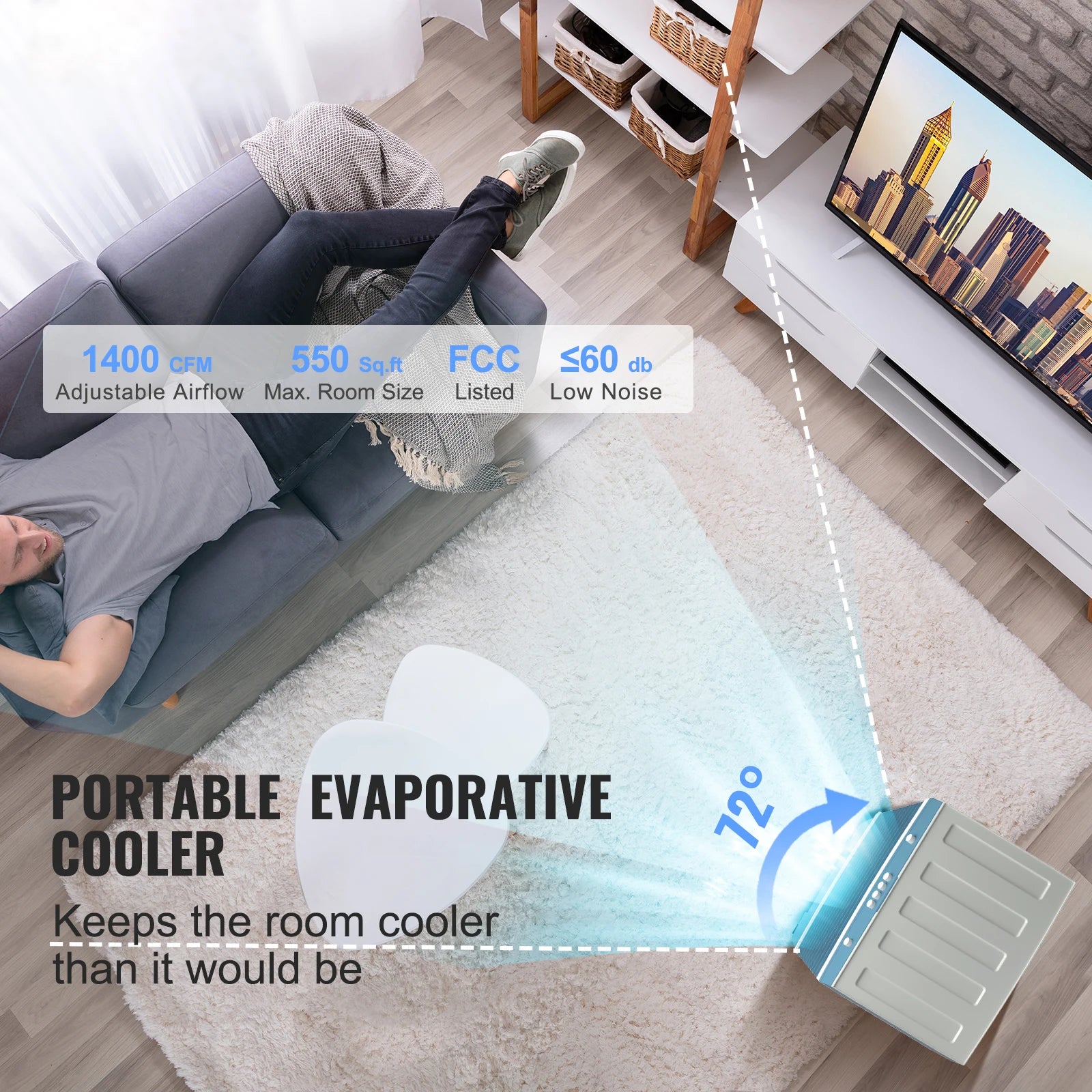 SucceBuy Evaporative Air Cooler Oscillating Swamp Cooler with Adjustable 3 Speeds and 12 H Timer Portable for Indoor Outdoor Use