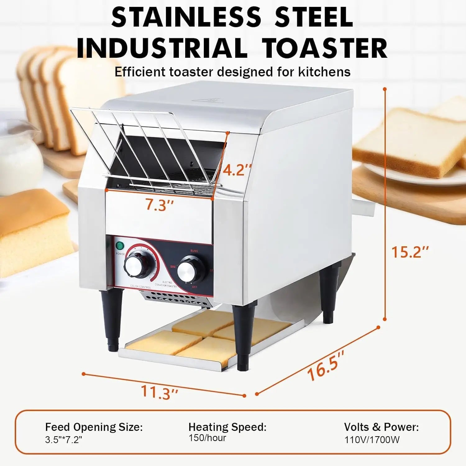 Commercial Toaster Conveyor 150 Slices/H Heavy Duty Industrial Design Stainless Steel Electric Oven, Dual Heating Tube 7-Speed