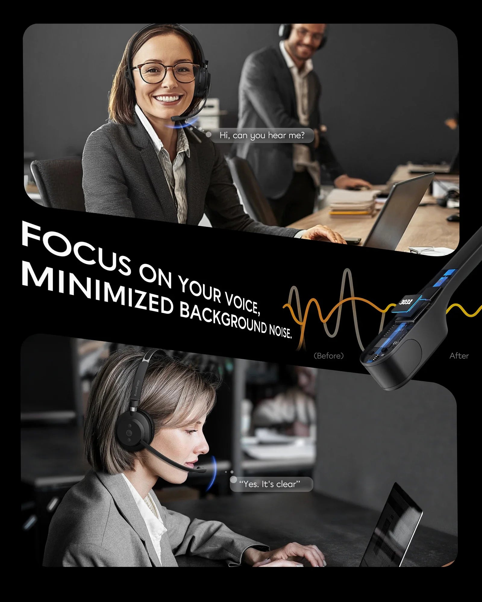 Call Center Wireless Headset with Mic, Bluetooth 5.3 Computer Headphones Bluetooth Headsets with USB Noise Reduction Microphone