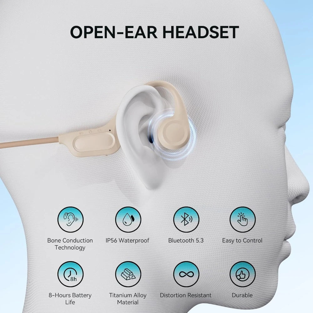 Wireless Bone Conduction Headphones - Bluetooth 5.3, 8H Playtime, HD Call, Built-in Mic for Running & Workout