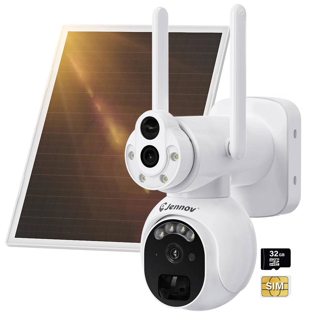 Jennov No WiFi Security Camera Wireless Outdoor, Dual Lens Linkage 4G Cellular Security Camera with Solar Panel,300MB SIM Card