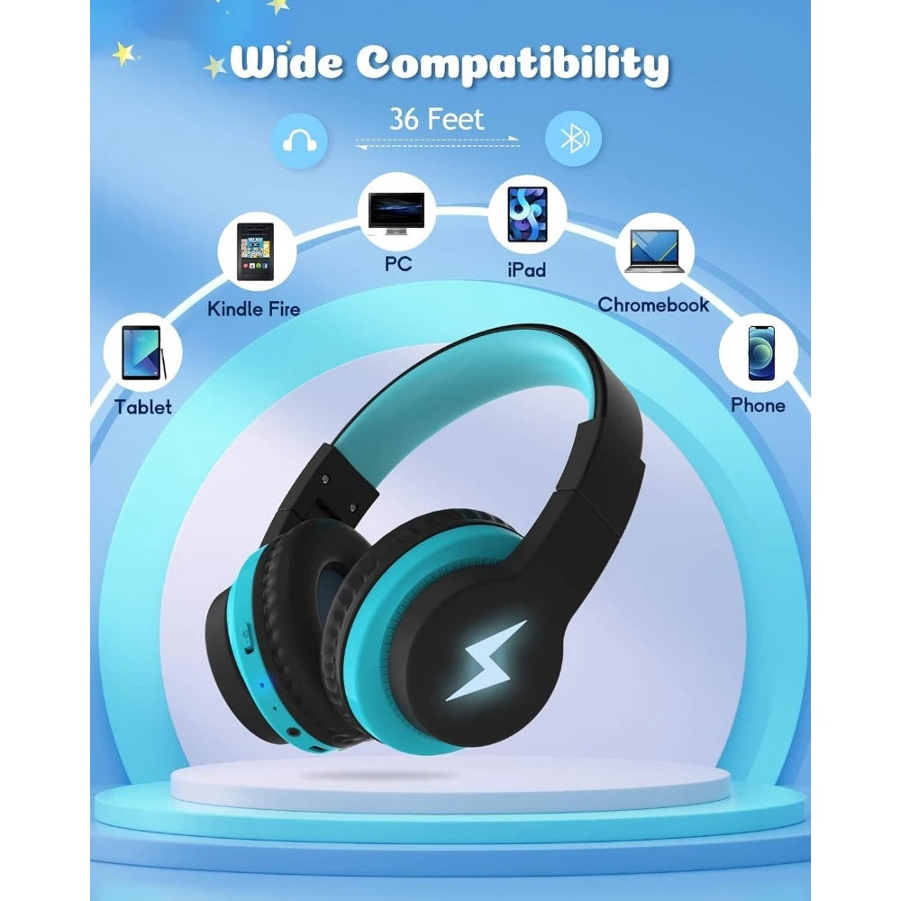 Kids Bluetooth Headphones, 85dB Volume Limit, 45H Playtime, RGB Lights, Mic, AUX